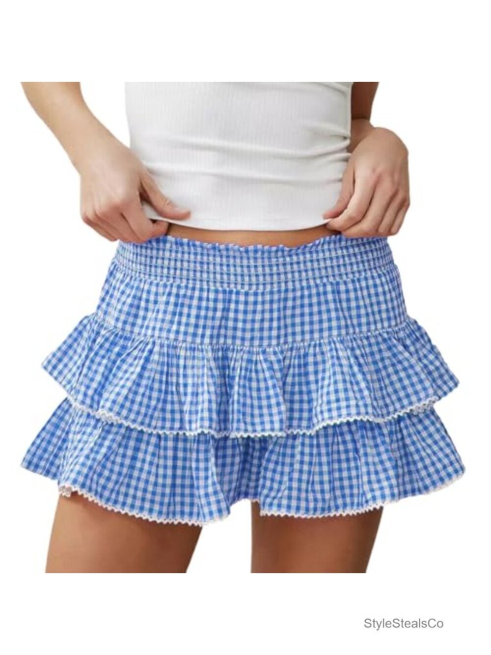 Gingham Ruffle Mini Skirt Tiered Plaid Pleated Polyester A-Line